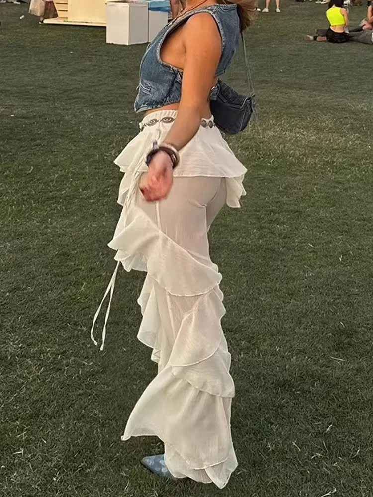 سراويل شبكية مرقعة موضة جديدة متينة غير منتظمة ذات ثنيات عالية الخصر سراويل مستقيمة فضفاضة ملابس خروج أنيقة #3