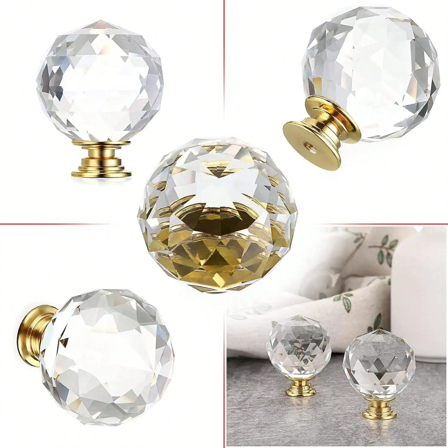 

4 Pcs Crystal Gold Knobs 1.6 Inches Diamond Shape Drawer Pull Knob Cabinet Dresser Cupboard Door Pulls with Gold Base 40mm