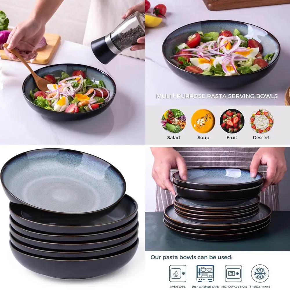 

Набор из 6 керамических мисок для пасты, 38 унций, с 9-слойной реактивной глазурью, для микроволновой печи и посудомоечной машины, для использования в духовке, широкие сервировочные миски для салата и пасты