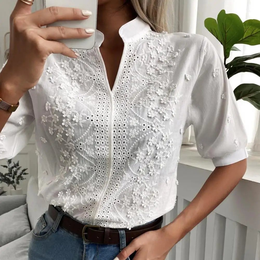 Women Casual Shirt Embroidery Floral Lace Solid Color Pullover Tops Stand Collar V-neck Half Sleeve Relaxed Fit Shirt Рубашка