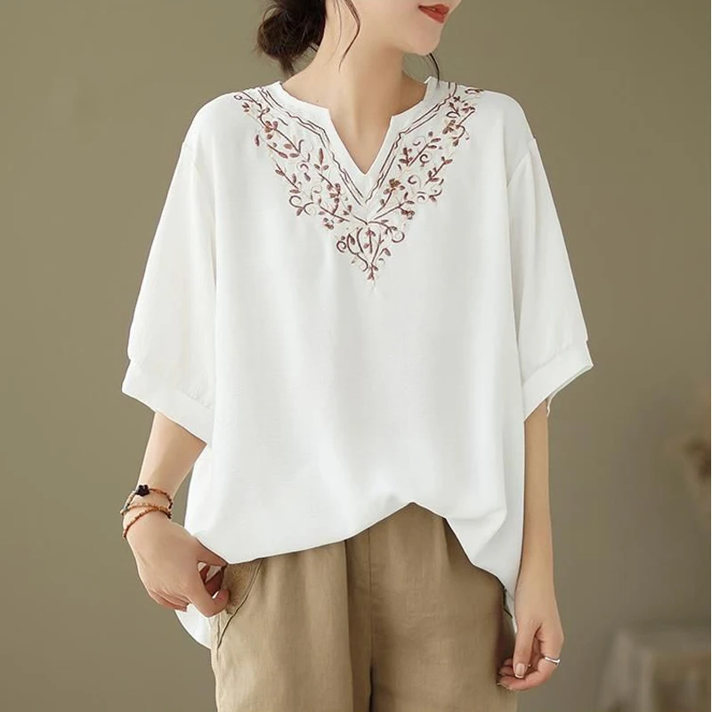 Women Vintage Embroidery Elegant Comfortable Cotton T Shirt Summer Fashion V Neck Short Sleeve Loose Pullover Tops Ropa De Mujer