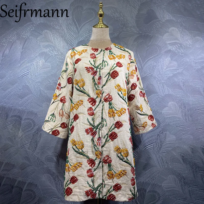 Seifrmann 2026 Summer Women's clothing New Fashionable Round Neck Long Sleeve Nail Bead Jacquard Long Coat