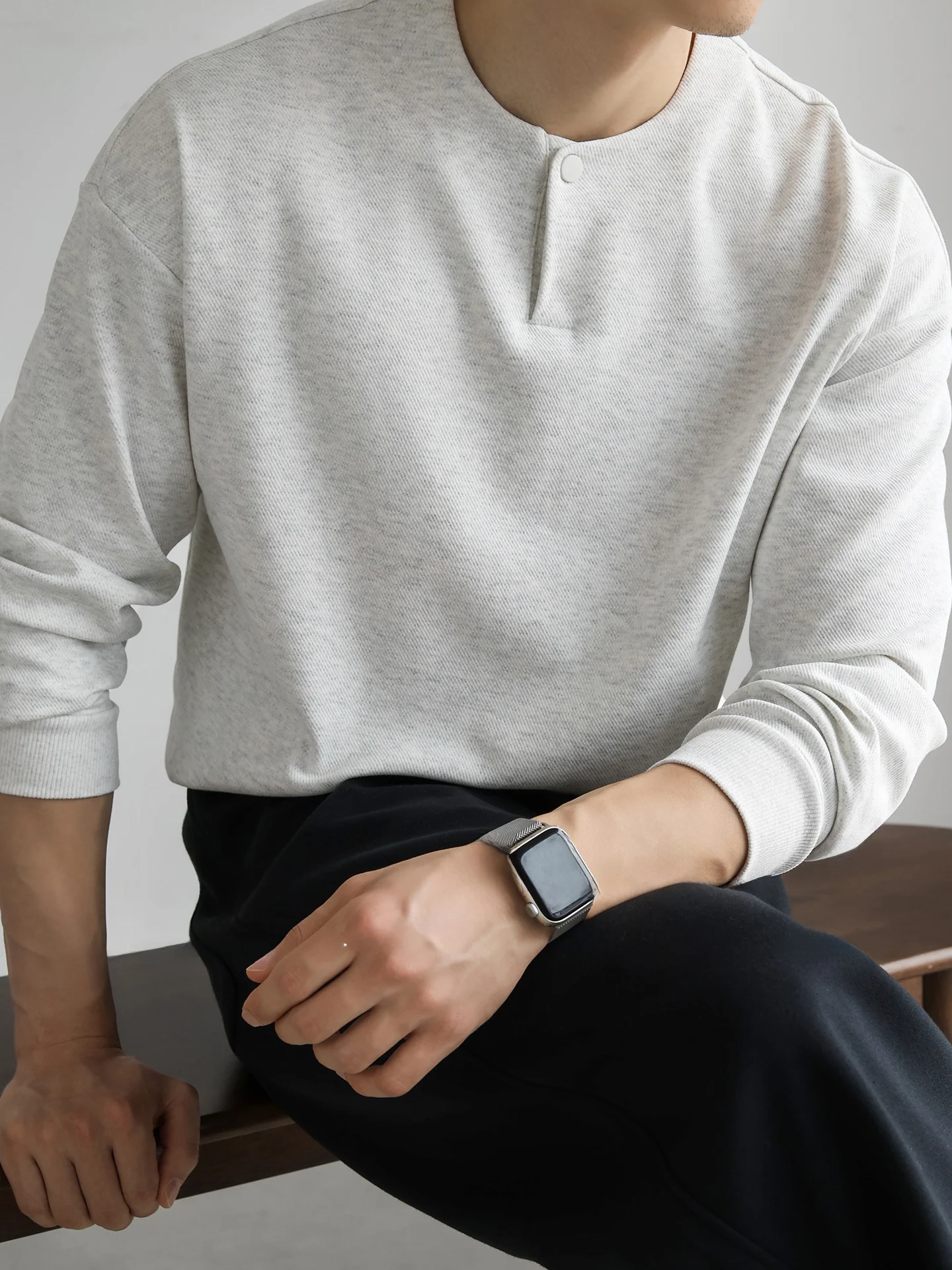 

Classic Plaid Henry Collar Long Sleeve T-Shirt Hoodie Men's Business Casual Cotton Polyester Blend Sweatshirt Dry Clean Only