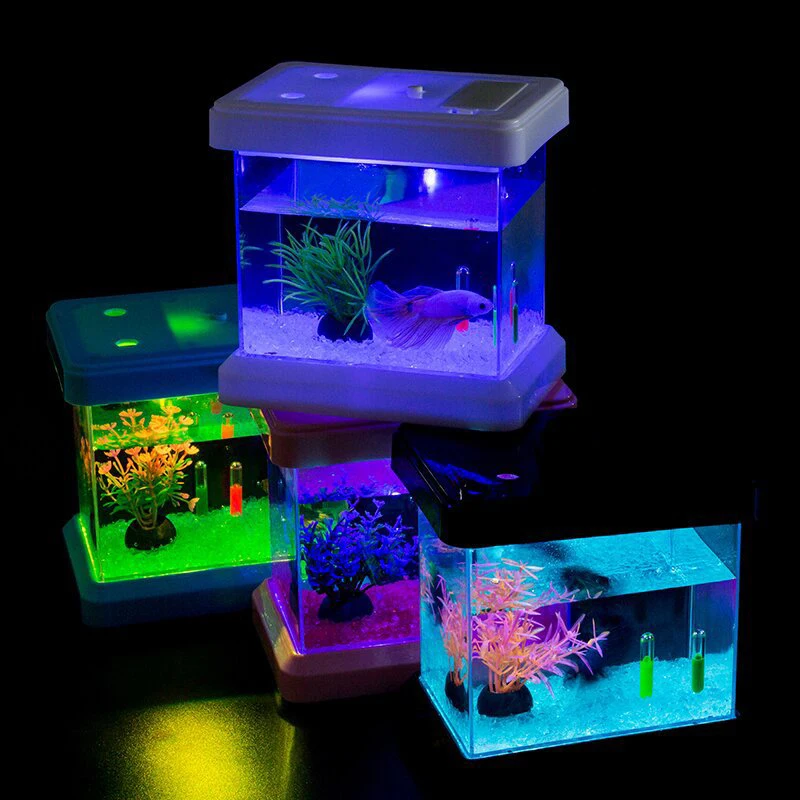 Colorful Color Changing Creative Light Bucket Plastic Fish Tank Removable Desktop Viewing Landscaping Box Mini Aquarium For Kids