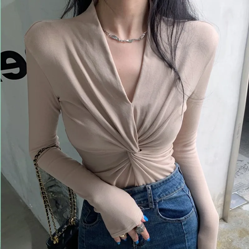 

Fashion Women S-2XL Deep Kink V-Neck Long-Sleeve T Shirts Office Lady Sexy Top Tees Solid Color T-Shirt Clothing Party Canonical