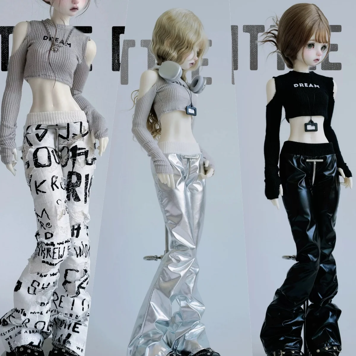 【30 Tage Lieferzeit】1/4 1/6 Puppenkleidung Zubehör Ausgestellte Hosen mit Ripped-Design und Laser-Design Passend für Mädchen-Actionfiguren BJD Spielzeug