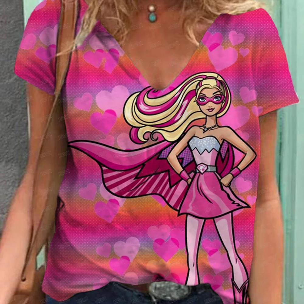 Plus Size Barbie Princess Printed V-neck T-shirt, Summer women's Short Sleeved Casual top, Street Fashion Versatile Item