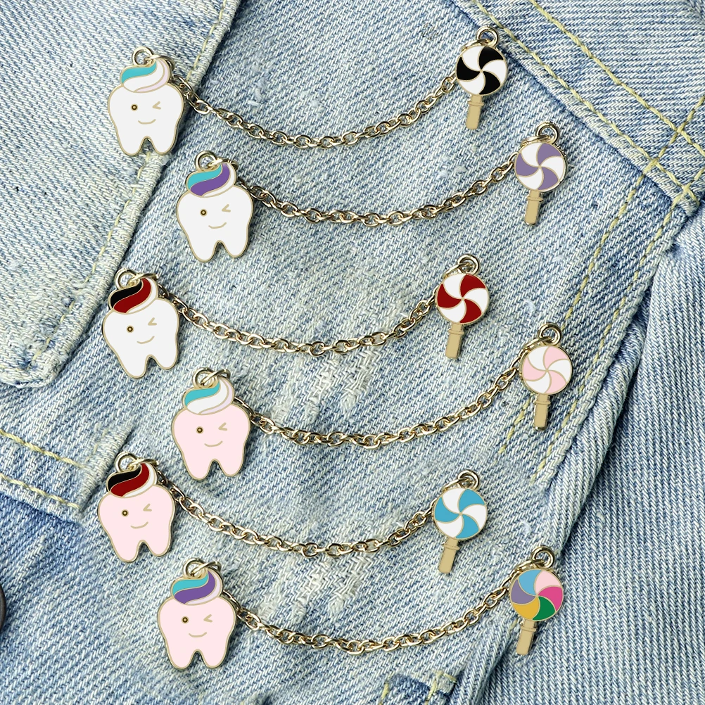 Cute Wink Tooth Enamel Brooch with Chain Cartoon Lollipop Lapel Pins Protect Teeth Backpack Denim Badge Jewelry Gift For Dentist