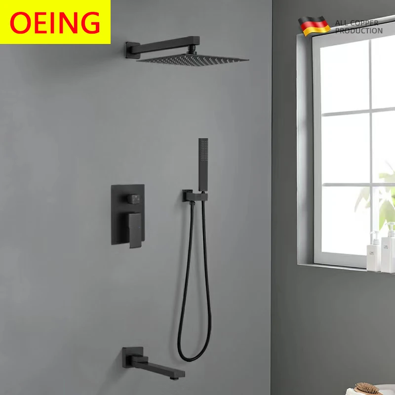 Black Shower Faucet Multifunctional Water Outlet Method Wall Installation All Metal Concealed Bathroom Tap