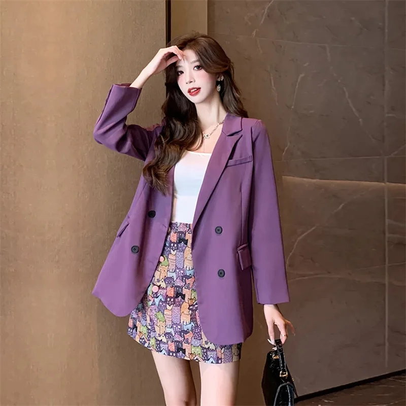 Fashion Women Sets Spring Summer High-end Blazer Jacket Printed Skirt Two-piece Suit Ladies Casual Temperament Purple Suit Coat