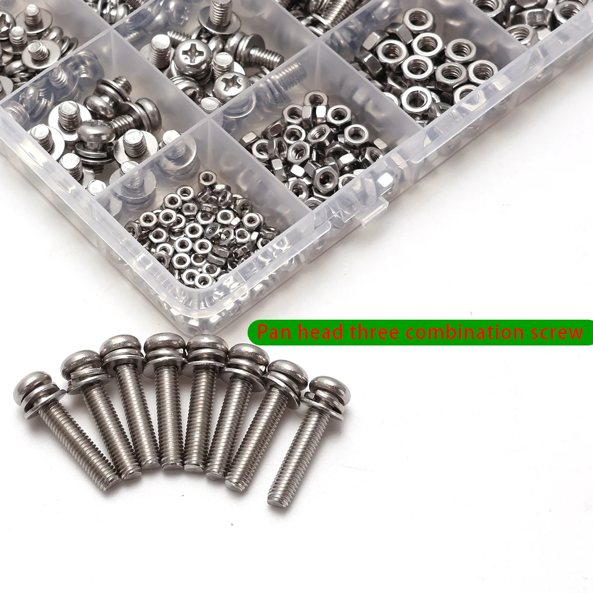 600 Pcs Stainless Steel Cross Head Three-Combination Bolt and Nut Combination M2/M3/M4/M5 Pan Head with Flat Washers
