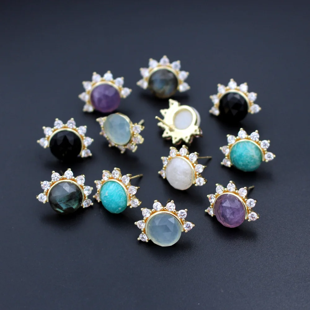 

6pair Natural Stone Stud Earrings CZ Paved Sunburst Earrings White Jade Amethyst Blue Amazonite Stone Earrings Women Jewelry