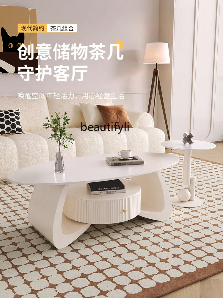 Italian simple cream style oval rock slab coffee table household living room small apartment new high-end combination