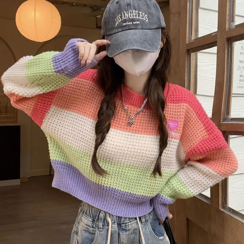 Multicolor Striped Pullovers Sweater Women Autumn Winter Fashion Loose Long Sleeve Knitwear All-match Preppy Style Knitting Tops