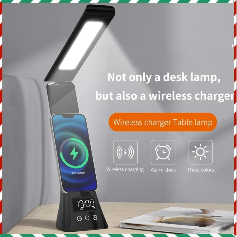 15W Wireless Charger Stand LED Desk Table Lamp With Alarm Clock 3 Colors Dimmable Desk Light Fast Charging Station for iPhone