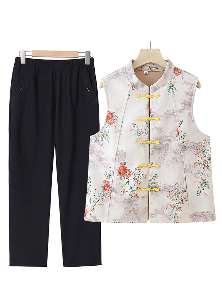 シックな中国風の女性用ベスト、秋のアウターウェア、中年および年配の母親向け、ファッショナブルなプリント入りルーズフィットカーディガン