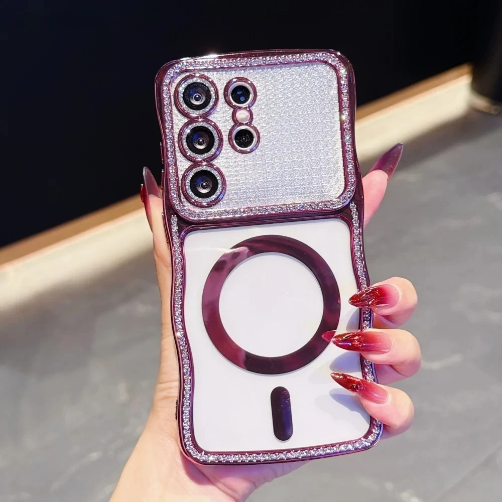 Glitter for Magsafe Wave Soft TPU Case for Samsung Galaxy S26 Ultra Plus Bling Diamond Lens Protector Plating Shockproof Cover