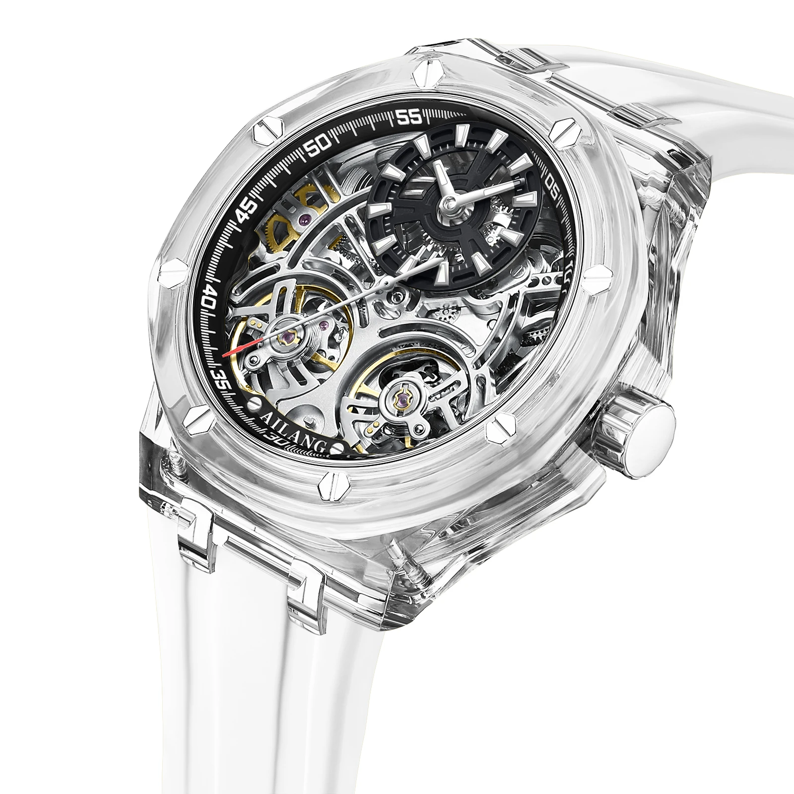 ساعة توربيون بيضاء مزدوجة كاجوال رياضية عسكرية مقاومة للماء ساعة ميكانيكية أوتوماتيكية هدية مخصصة