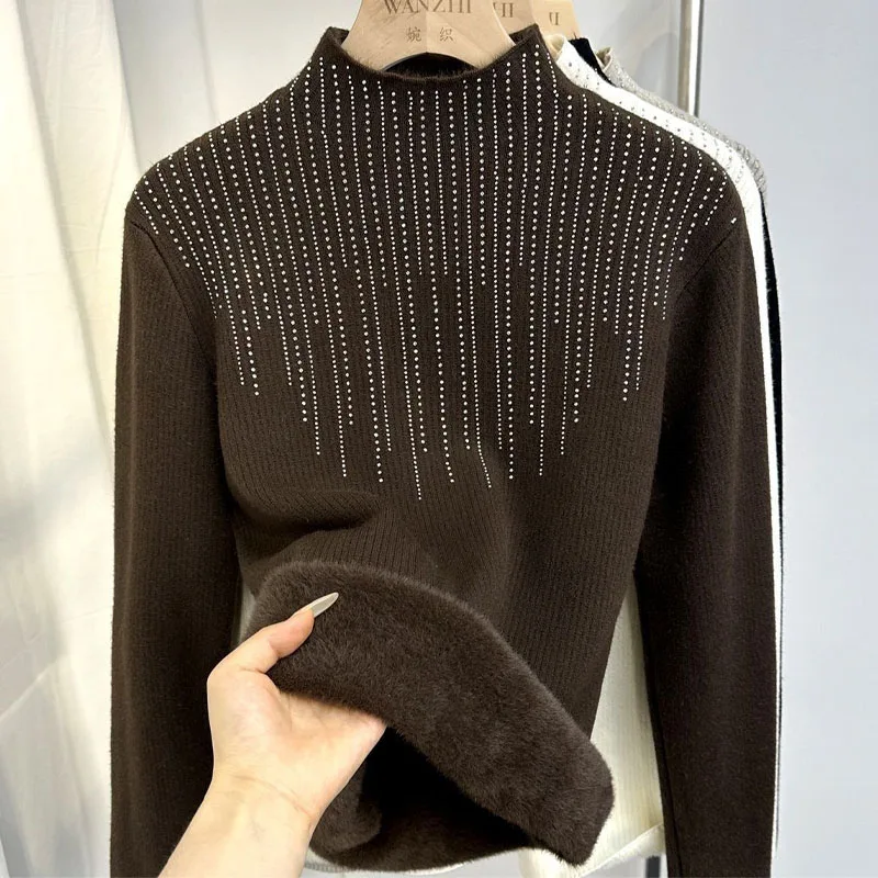 New Autumn and Winter Fashion Hot Diamond One Piece Plush Thickened Half High Neck Loose Versatile Western Style Women's Sweater