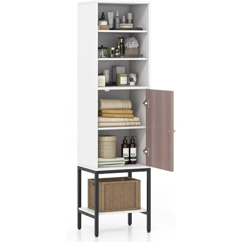 

Шкаф для хранения в ванной комнате высотой 57 дюймов, напольный шкаф с дверцей, регулируемые полки и подставки для ног, металлические ножки, комплект с защитой от опрокидывания