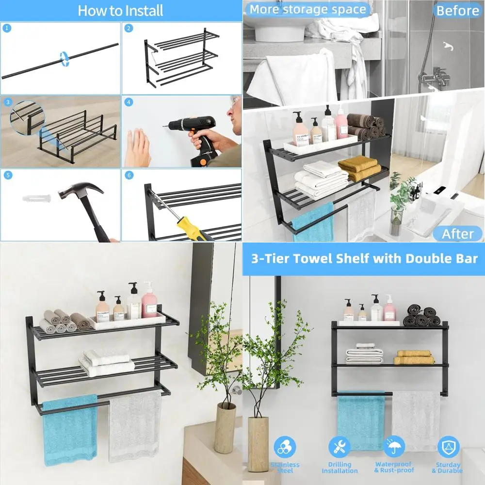 

24 3-уровневая настенная вешалка для полотенец из нержавеющей стали с двойной планкой, компактное хранилище в ванной комнате