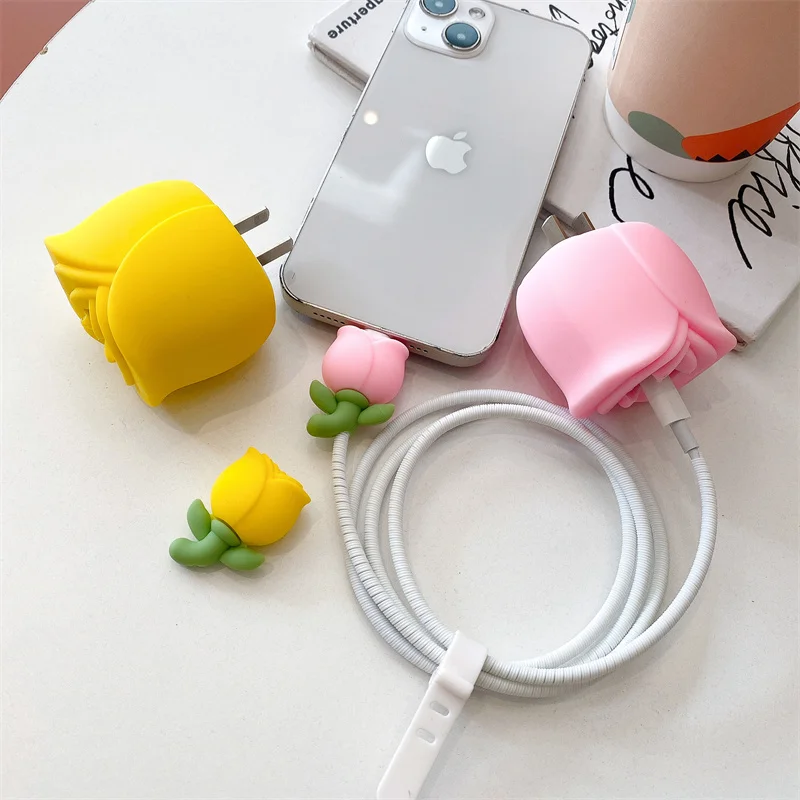 3D Cute Flowers Soft Silicone Charger Protective Case For IPhone 11 12 13 14 18W-20W Fast Charge Protection Charger Case Sleeve