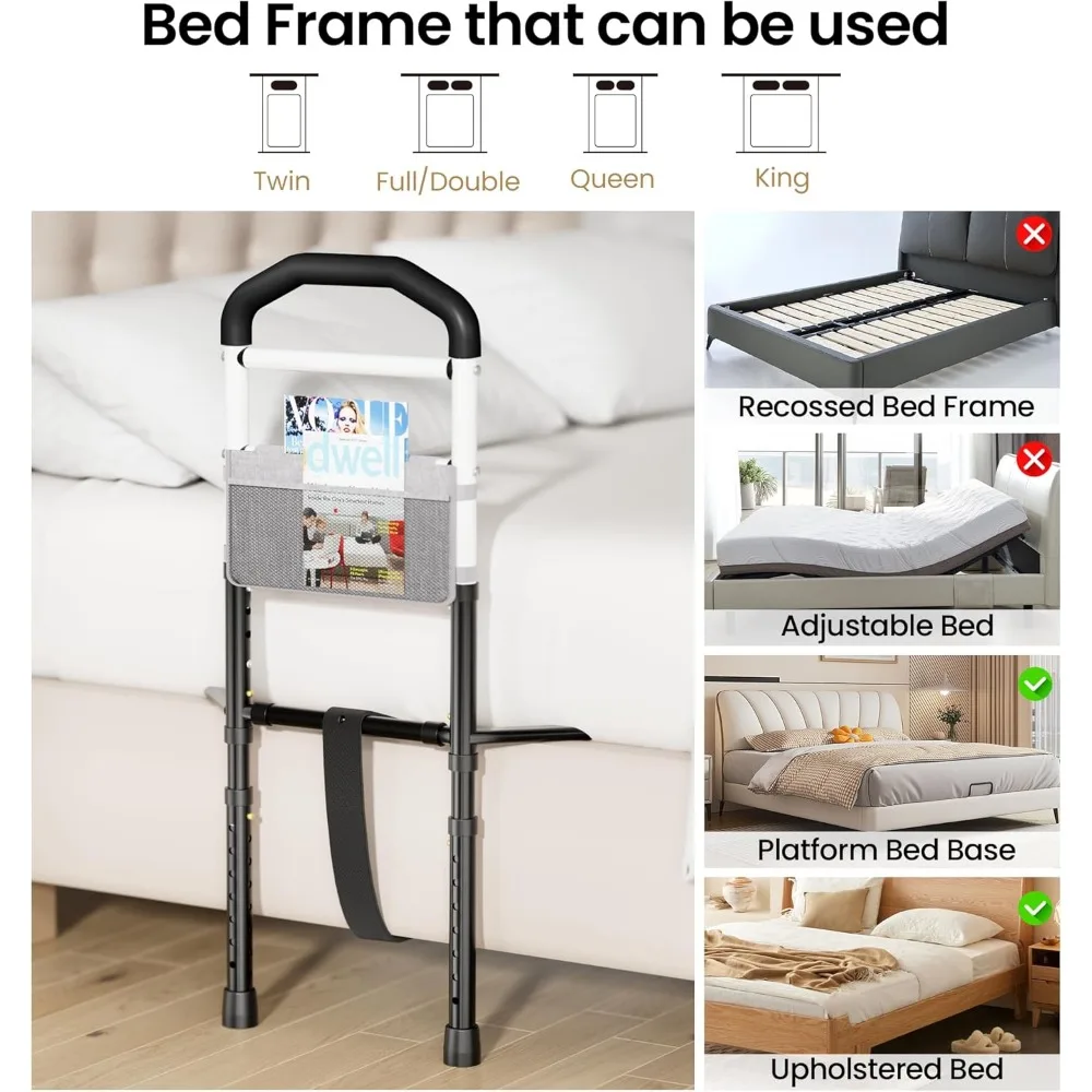 Riel de seguridad para cama ajustable para personas mayores con bolsa de almacenamiento, soportes de 350 libras, se adapta a camas de doble a king, negro