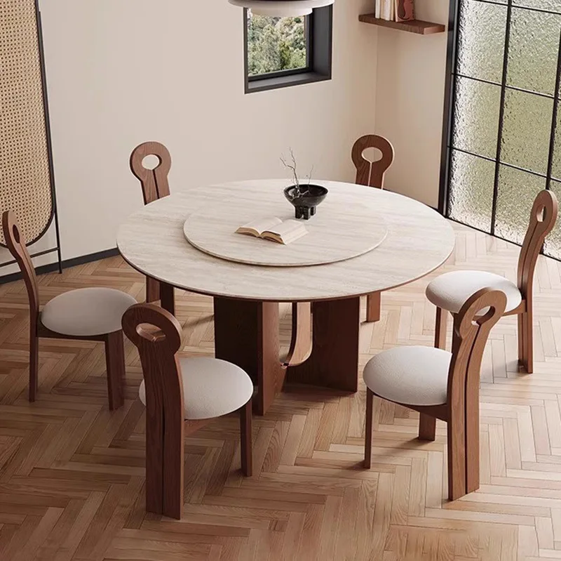 

Medieval travertine rock slab round dining table household small apartment round dining table solid wood with turntable round di