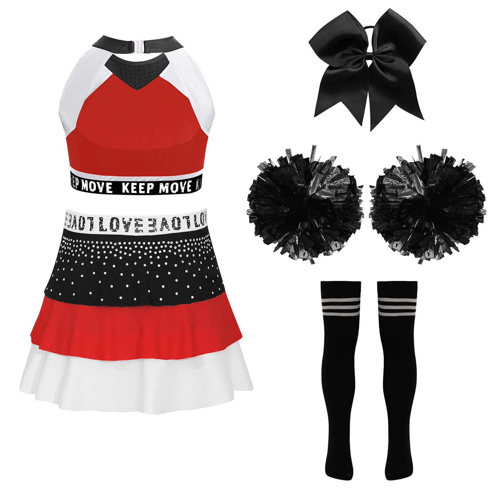 Kinderen Meisjes Cheer Uniform Cheerleading Jazz Dansvoorstelling Kostuum Mouwloze Crop Top met Rok Hoofddeksels Bloemballen Sokken