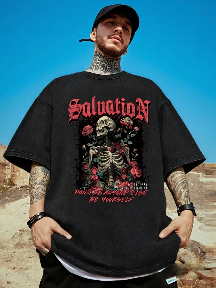 

Men Halloween Round Neck Y2K Tees Vintage Saluation Rose Skull Printed Washed T-Shirt Fashion Streetwear Unisex Short Sleeve Top