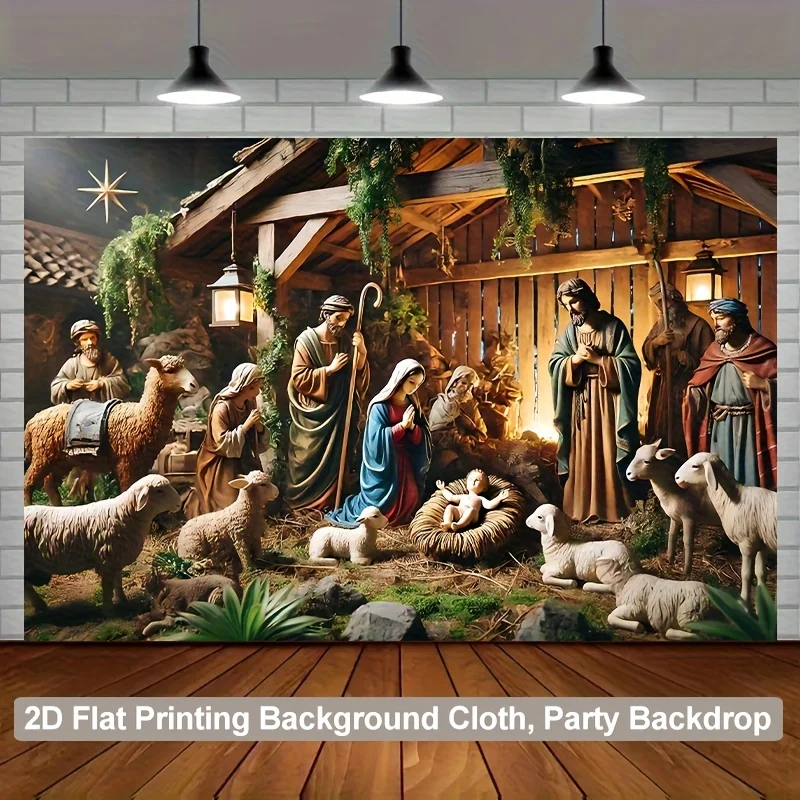 Ein flaches 2D-Weihnachts-Polyester-Hintergrundtuch, eine Szene der Krippe Jesu, geeignet für die Weihnachtsdekoration zu Hause