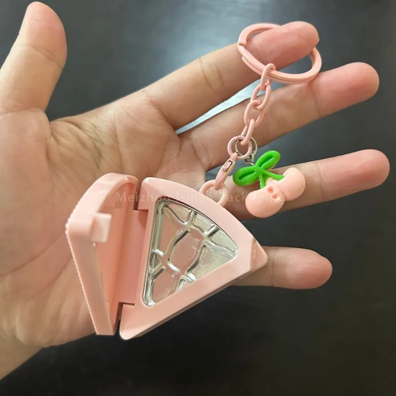 

50Pcs Empty Pink Triangle Lip Balm Container Blush Compact Case with Keychain Portable Makeup Palette Cosmetic Packaging 2g