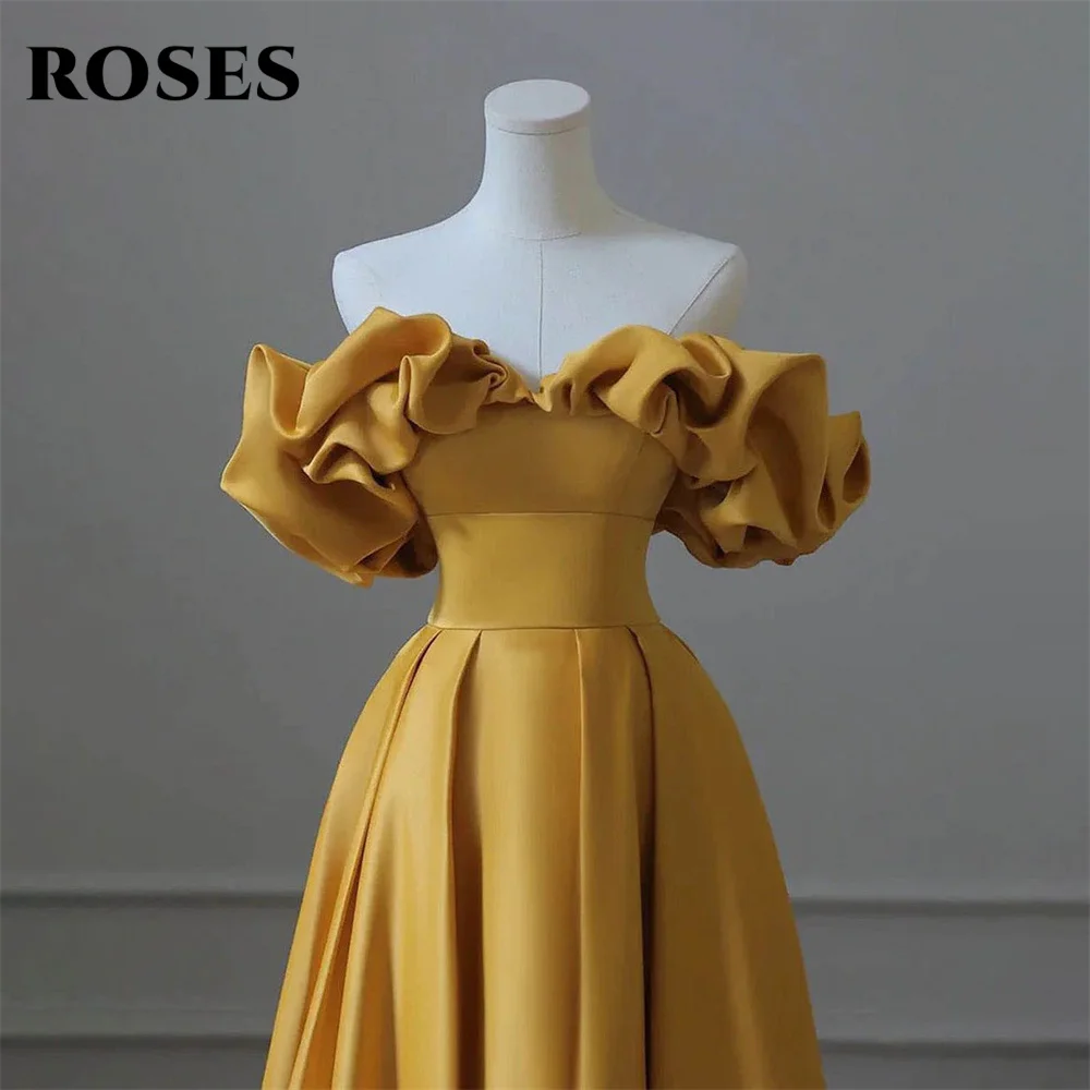 ROSES Yellow Prom Dress Off the Shoulder Party Dress Stain A Line Ruched Women's Evening Dress Ruchsia V Neck Formal Gown 프롬 드레스