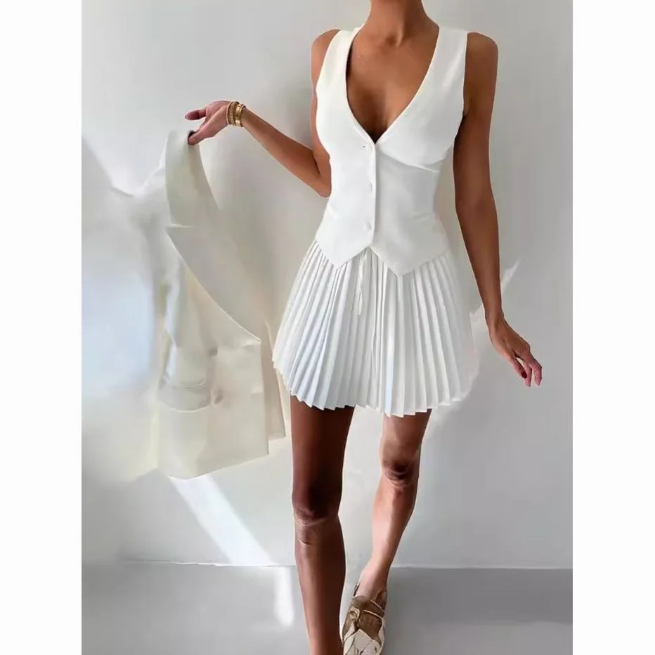 

Женский праздничный костюм, рабочий сексуальный модный жилет без рукавов с v-образным вырезом, однотонная плиссированная юбка, комплект из двух предметов, белый, черный, синий, детский