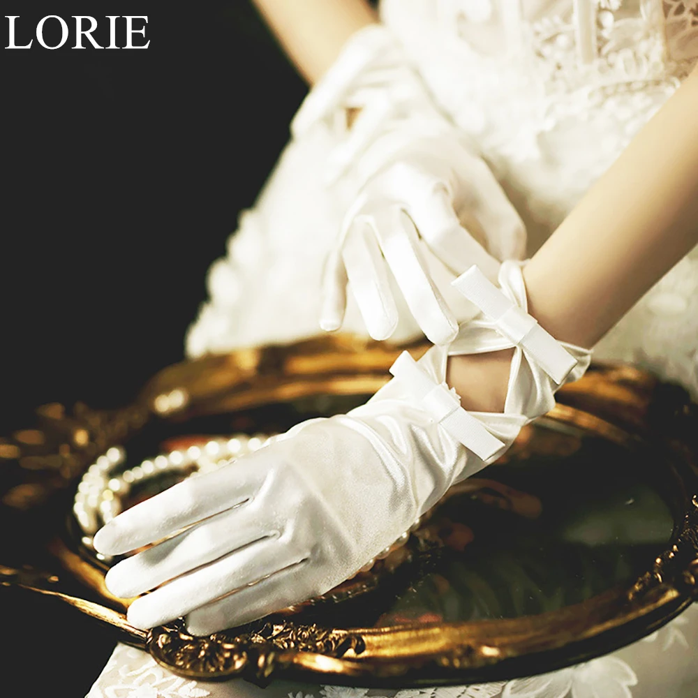 LORIE White Elegant Satin Bridal Gloves Finger Bow Wrist 2024 Wedding Party Accessories Hepburn Style Bride Gloves Vintage