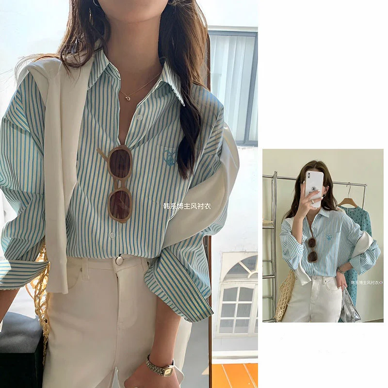 Spring Women New Youth Tops Design Sense Lapel Collar Niche French Shirt Summer Pink Stripe Loose Refreshing All-match Shirt