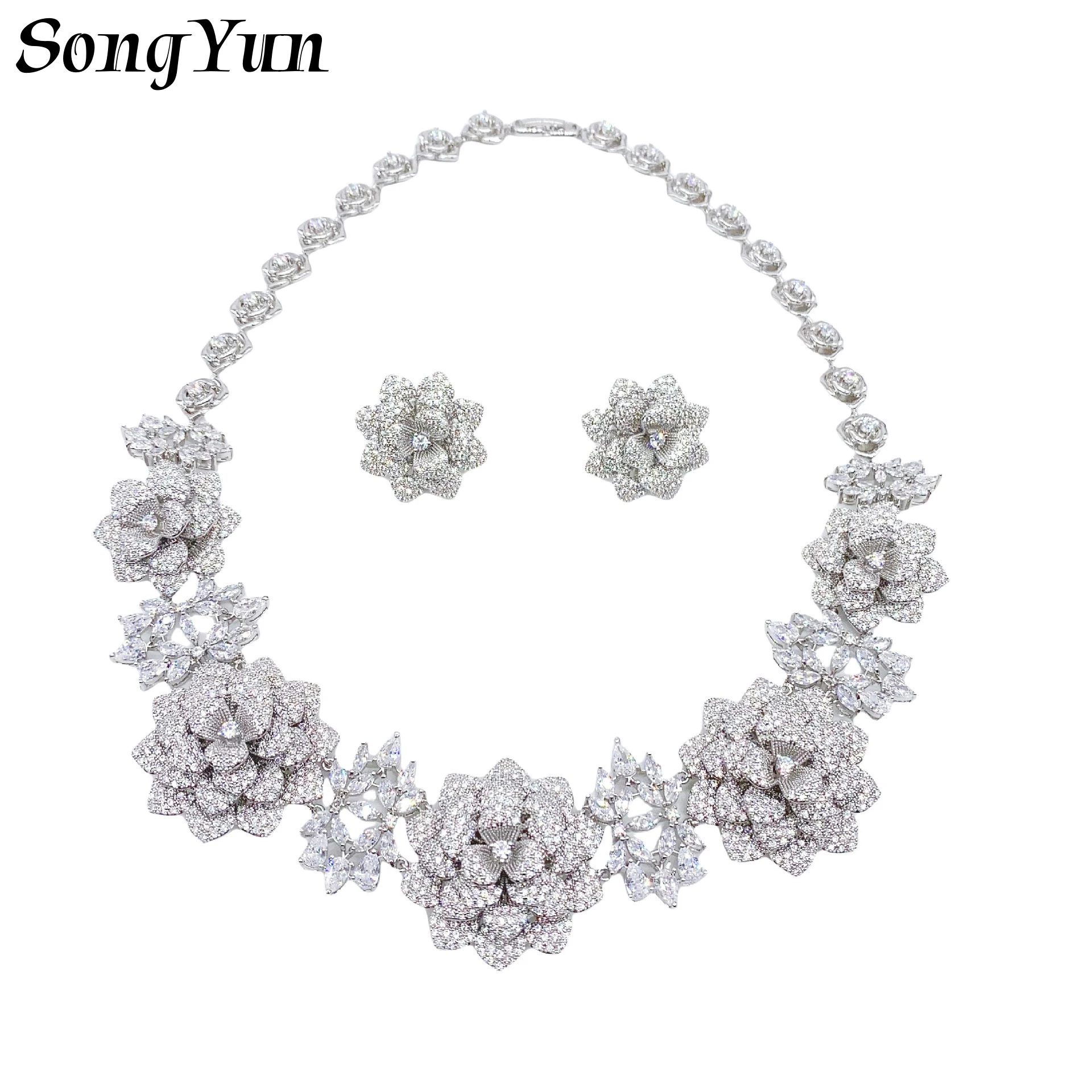

Large Size Shining Cubic Zircon Flower Earrings Necklace Set Luxury Elegant Big Roses Crystal Bridal Wedding Party Jewelry Sets