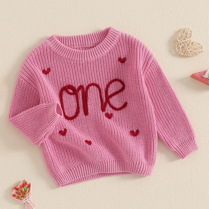 

RUEWEY 9 to 18 Months Baby Girl Valentine Sweater Casual Letter Heart Embroidery Warm Knitted Long Sleeves Pullover