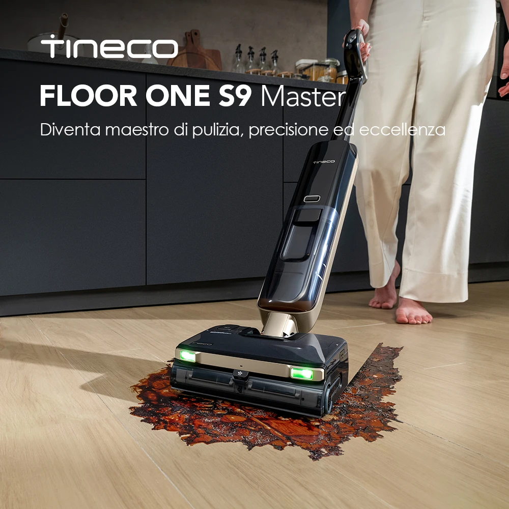 Aspirapolvere e lavapavimenti Tineco Floor One S9 Master, raschietto senza aloni, tecnologia Thermoblast, lavaggio a caldo, corpo super sottile da 9,9 cm, 23Kpa, autopulizia Flashdry, 150 ° Luce