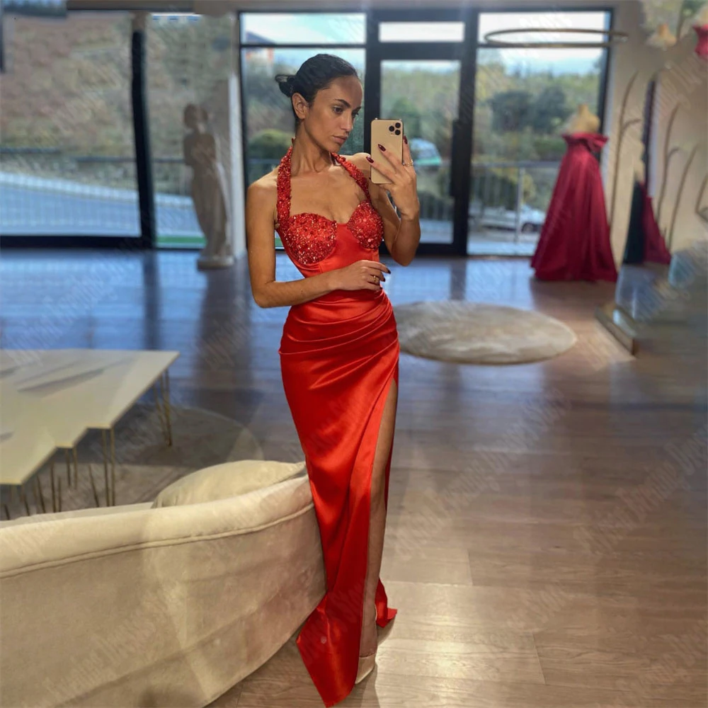 

2024 Red Satin Mermaid Women Wedding Dresses High Side Split Boho Celebrity Ball Robes Vestidos De Fiesta Elegantes Para Mujer