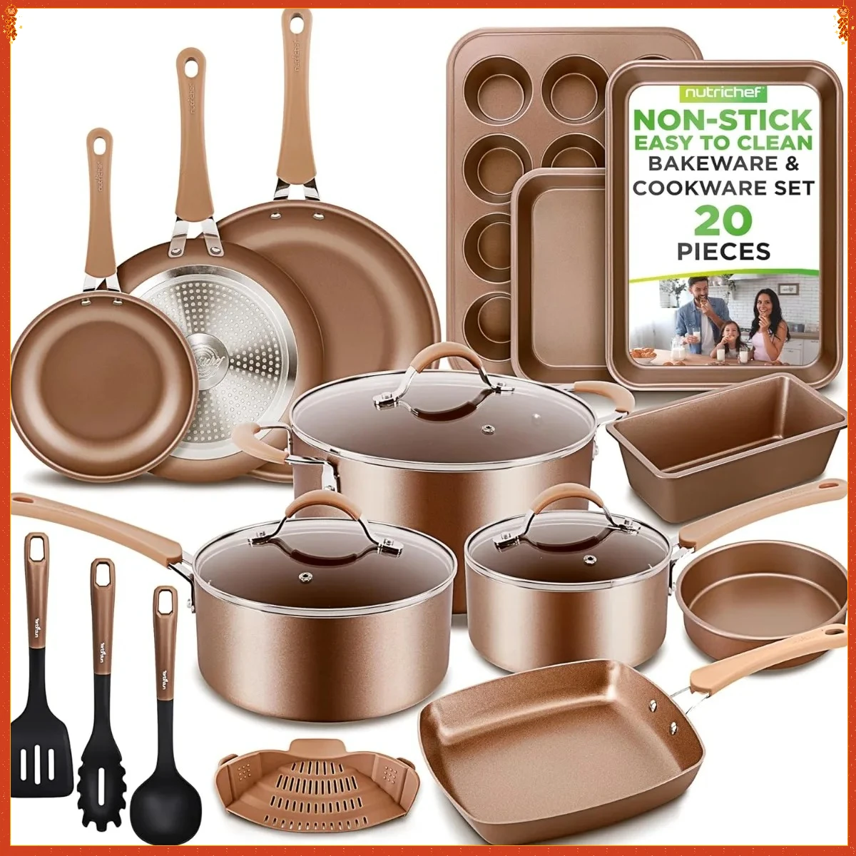 

Профессиональный набор посуды и формы для выпечки из 20 предметов, антипригарные, индукционные, безопасные, прохладные, термостойкие.