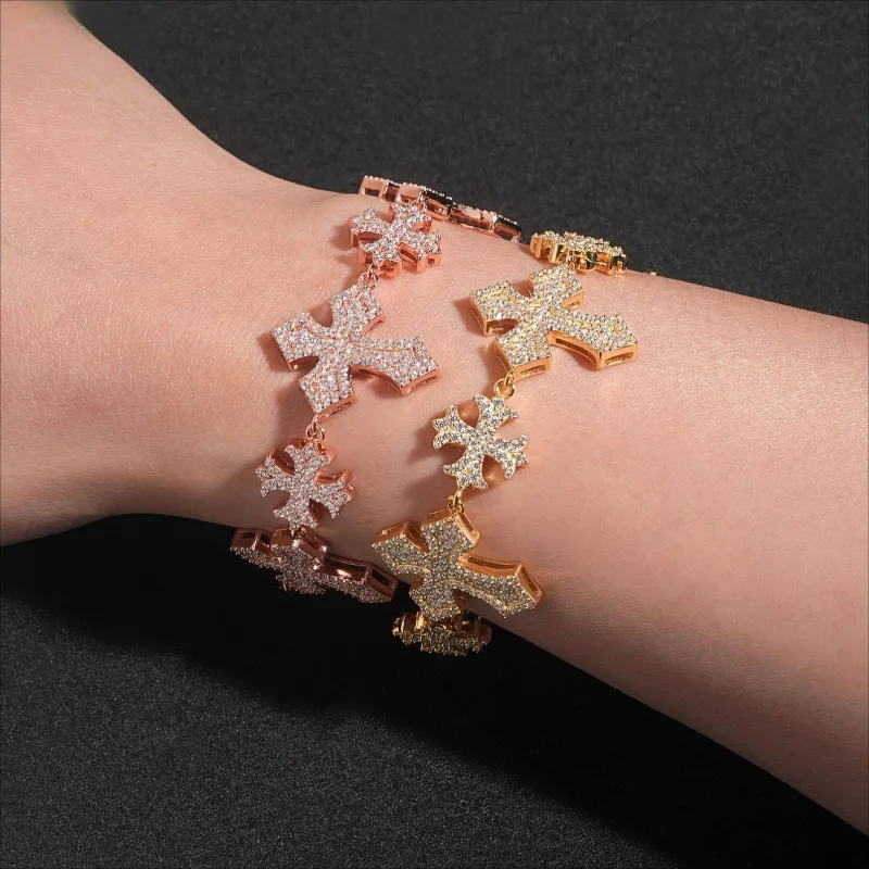 

Hiphop Iced Moissanite Cross Link Bracelet 925 Sterling Silver Rapper Jewelry Shine Mosan Diamond Chain Bracelets Rose Gold 8in