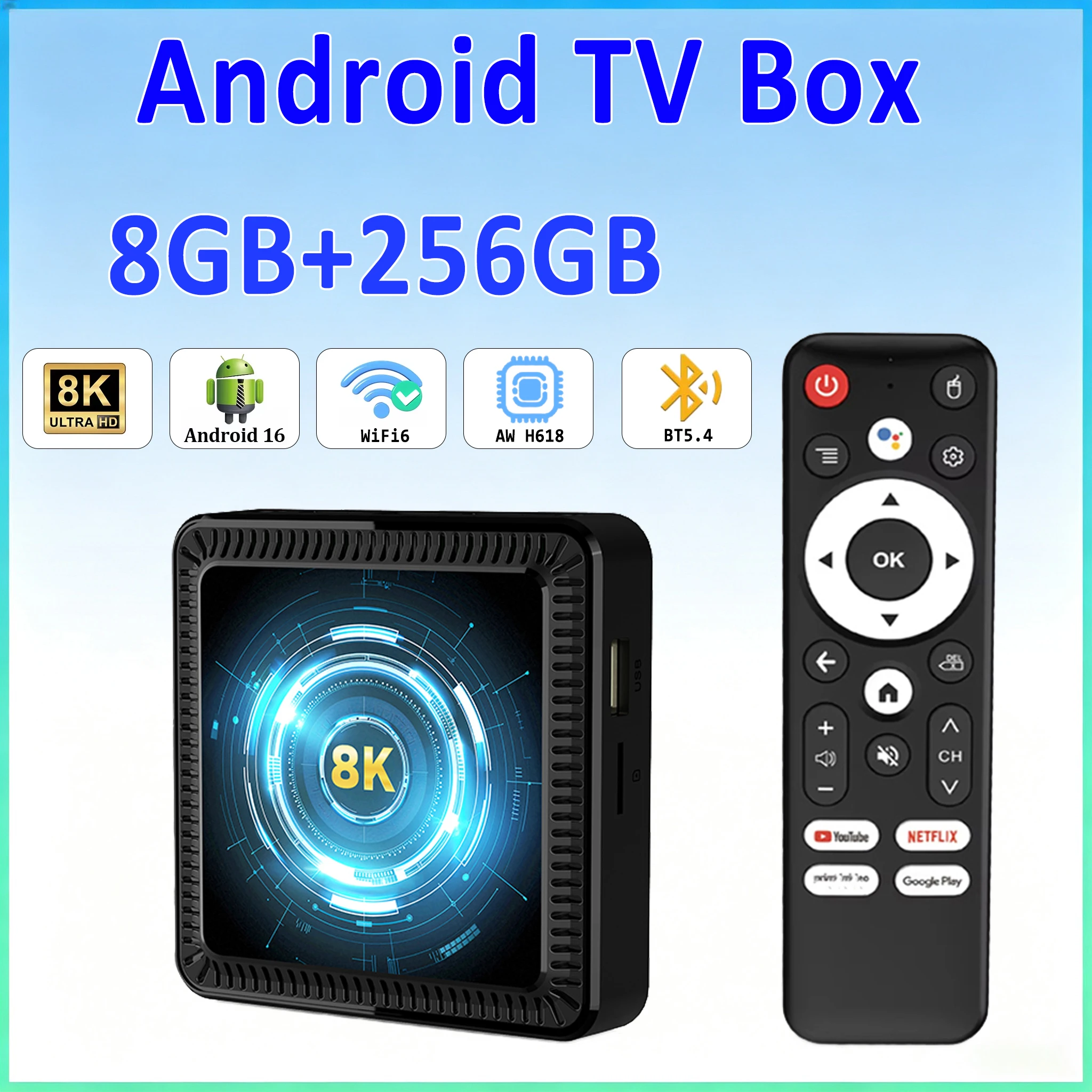 Q19 TV-Box Android 16 unterstützt Dual-WiFi, BT5.4, 4K 8K HD-Video, 128GB 256GB Speicher, Sprachfernbedienung, geeignet für die Medienwiedergabe im Heimfernsehen.