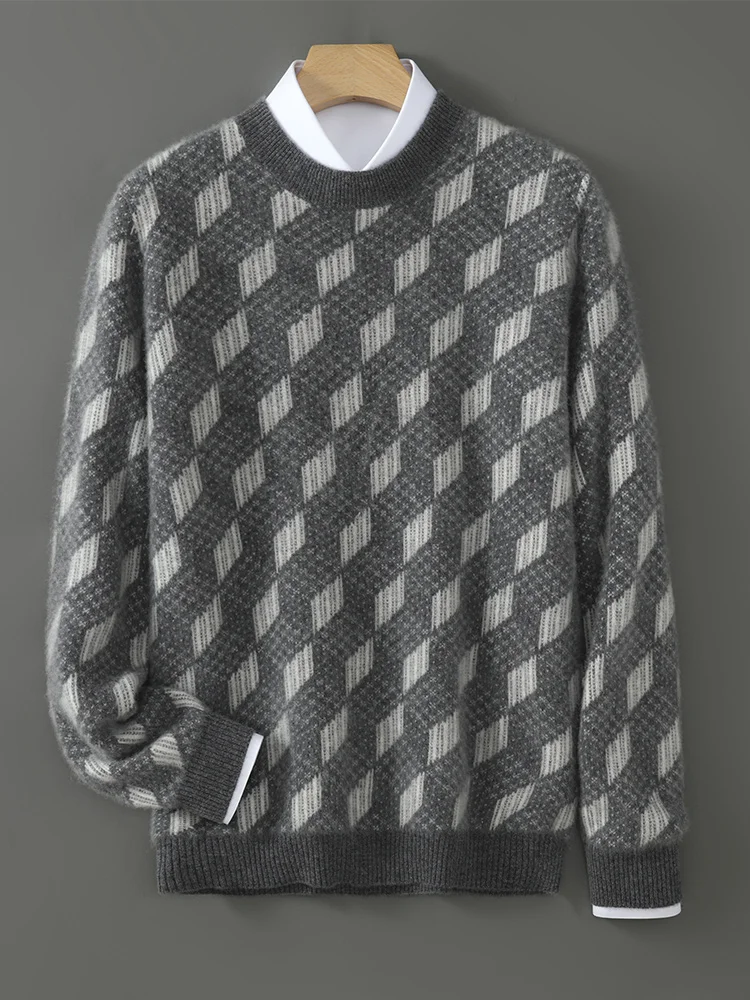 New Men 100% Merino Wool O-neck Business Pulloveer Colo Blocking Jacquard Sweater Cashmere Clothing Autumn Winter Knitted Top