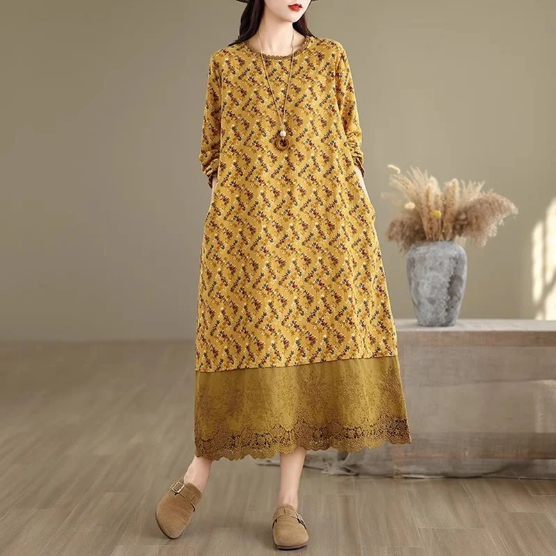 เดรสยาวพิมพ์ลายผ้าฝ้ายและป่านสไตล์เรโทรศิลปะใหม่ประจำฤดูใบไม้ร่วงปี 2025 สำหรับผู้หญิง ทรงหลวมทรงเอลายดอกไม้ รุ่น w700