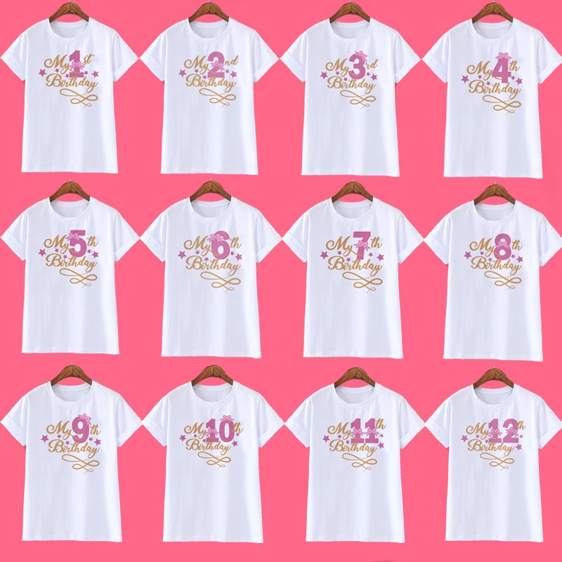 Kids Girls Summer Birthday Number T-shirts Short Sleeve T Shirt Size 1-12 Year Children Party Clothing Tops Girl Birthday Gifts