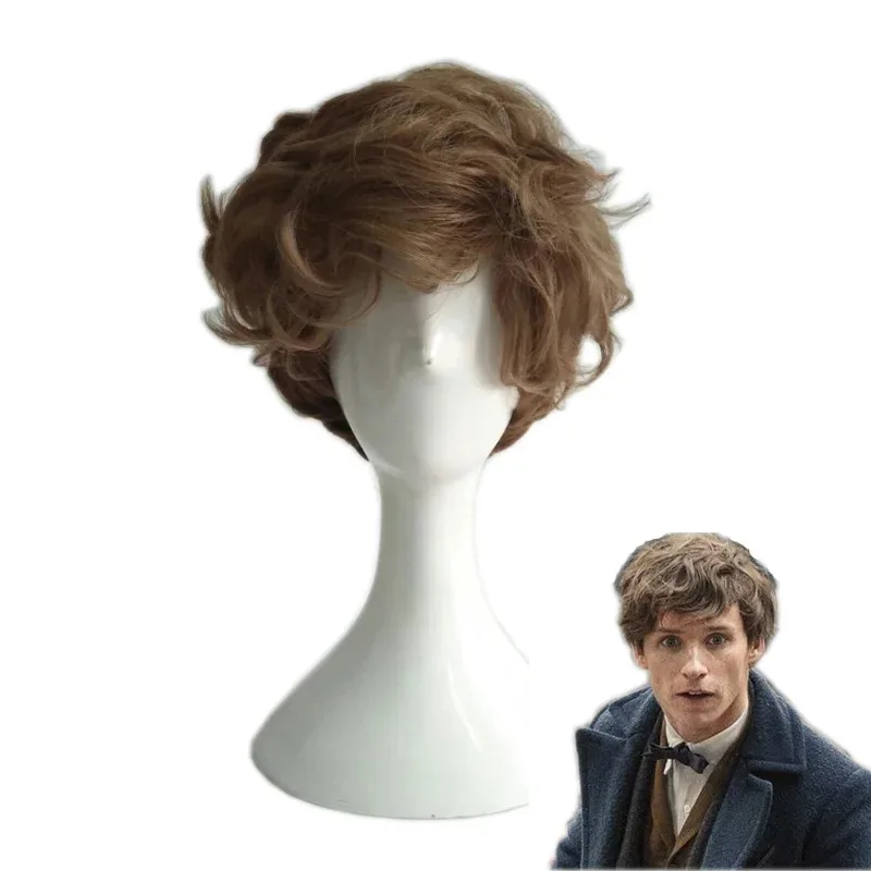 

Парик для косплея Fantastic Beasts The Crimes of Grindelwald Newt Scamander, короткие коричневые вьющиеся термостойкие парики для волос + шапочка для парика