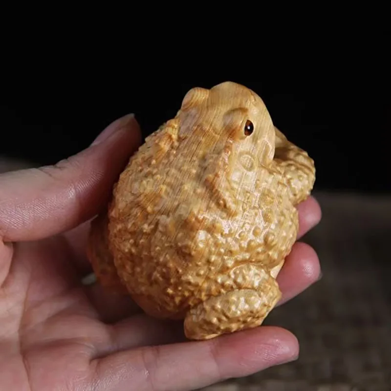 Natural Cypress Golden Toad Sculptures and Figurines Chinese Frog Mascot Home Room Office Wealth Luck Feng Shui Decor