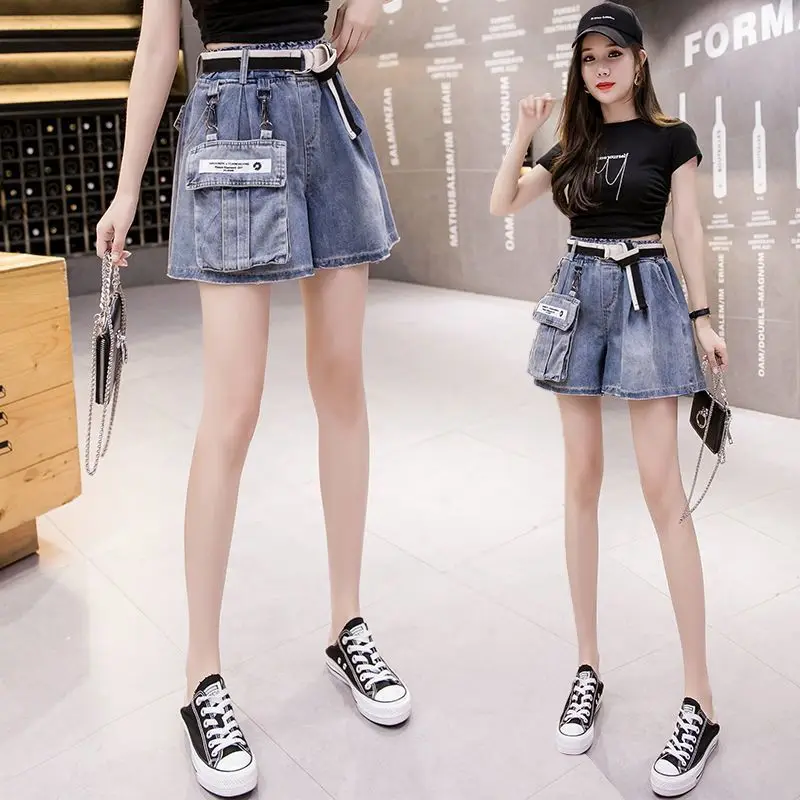 Women\'s Elastic Waist Workwear Denim Shorts, Casual, Detachable Pockets for Wearing, Wide Leg Pants, Outside, Summer, New, 2024