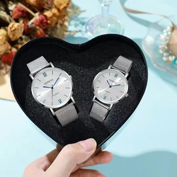 2PCS Set Couple Fashion Casual Watches Luxury Silver Mesh Belt Wrist Watch Ladies Simple Dial Quartz Wristwatches Dress Clock